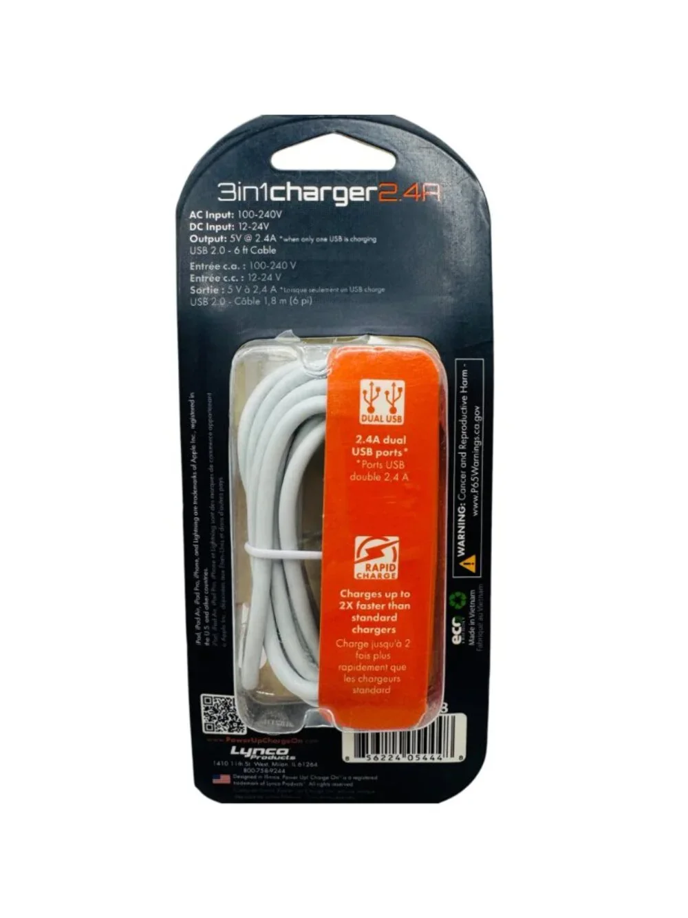 PowerUp 3-In-1 Car Wall & USB Charger With 6ft Fast Charge Connector Cable Dual